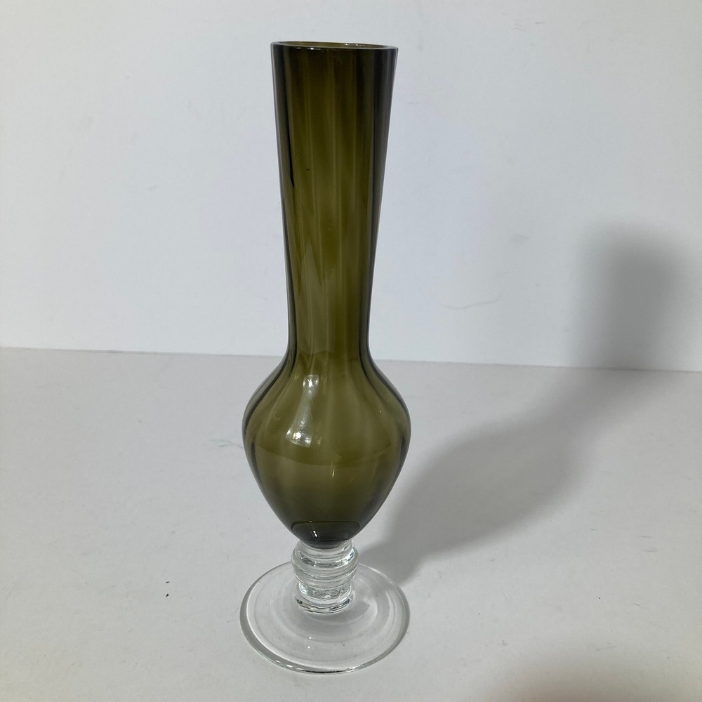 Vintage Smokey Olive Green Glass Bud Vase Slim Stemmed Base Clear Foot 2 x 8"